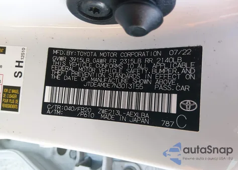 2022 Toyota Corolla Hybrid Le z USA, uszkodzony, nr VIN JTDEAMDE7N3013155